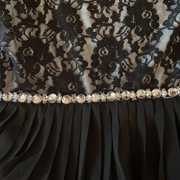Black Dress; lace top, gems on midline, pleated chiffon skirt, bow in back (s10) - Picture 4 of 6
